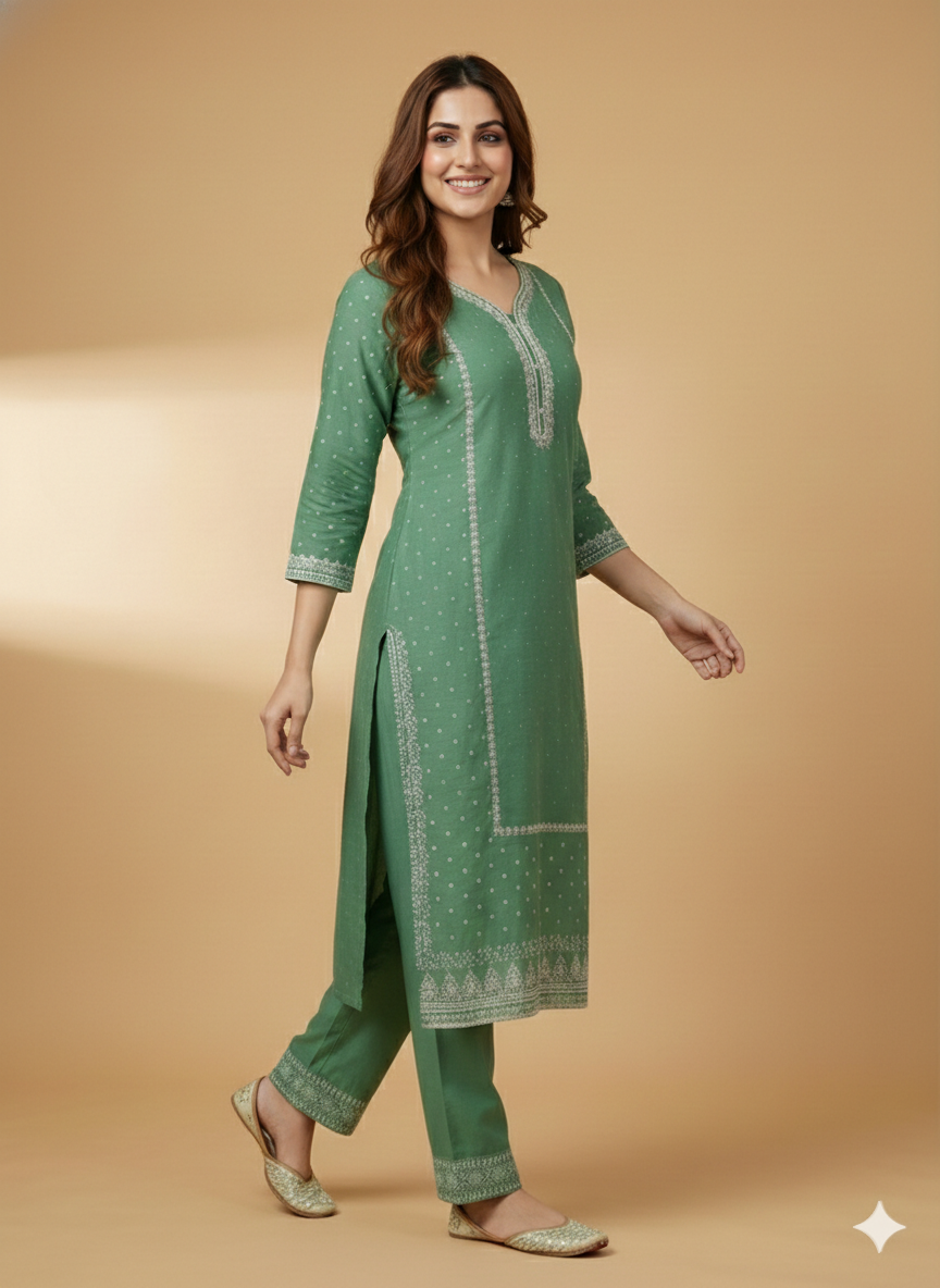 Green Round V Neck Cotton Kurta