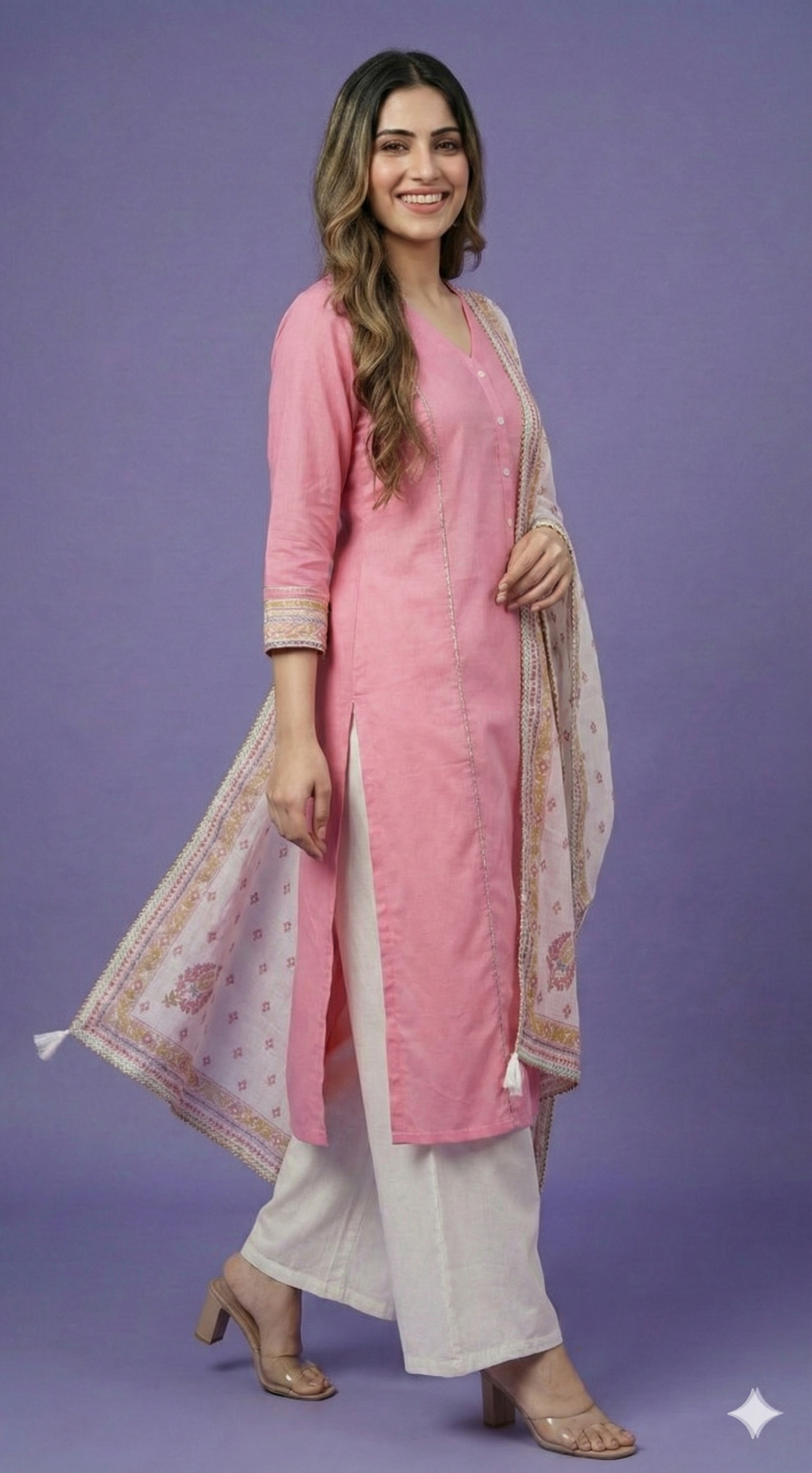 Pink V Neck Cotton Kurta