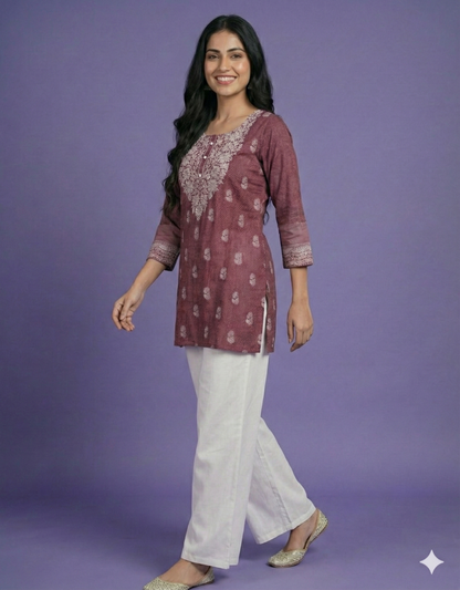 Purple Round Neck Cotton Short Kurta