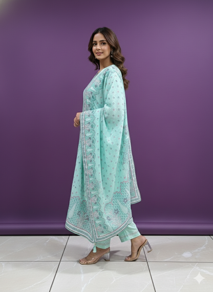 Green V Neck Cotton Kurta Set with Dupatta