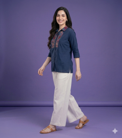 Blue Collard Cotton Short Kurta