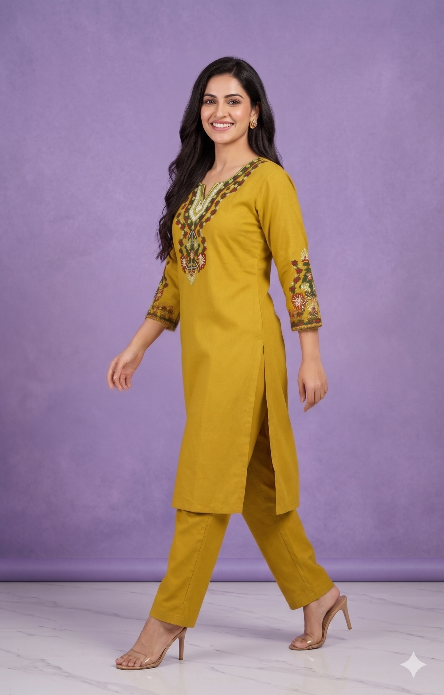Yellow Round V Neck Cotton Kurta Set