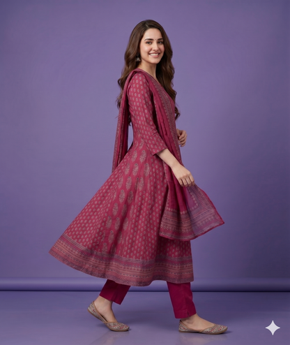 Pink V Neck Cotton Kurta Set with Dupatta