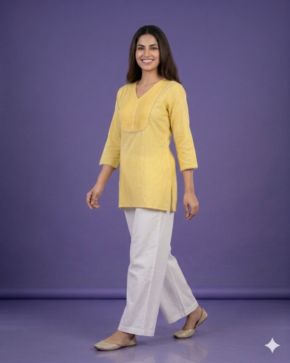 Yellow V Neck Cotton Short Kurta