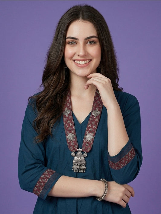 Kurta Set with Necklace - Slub Silk