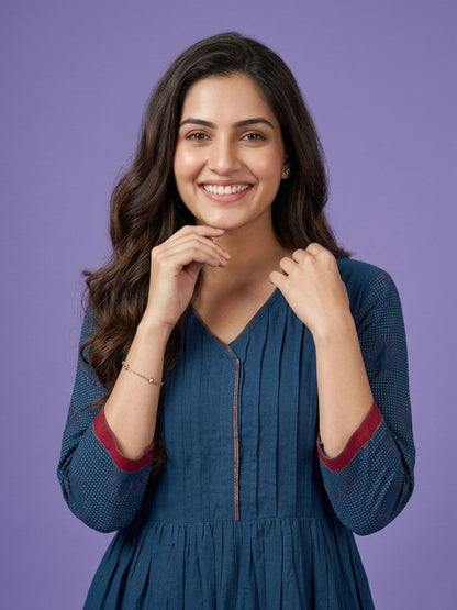 Blue V Neck Cotton Linen Kurta