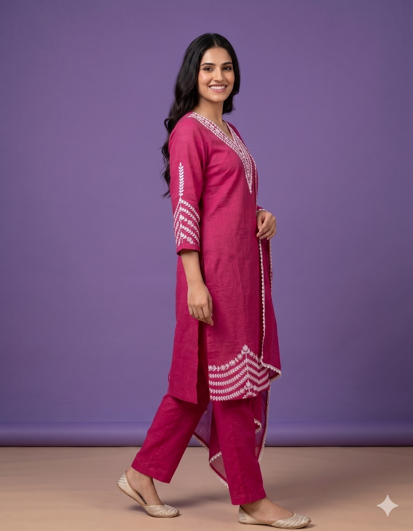 Pink V Neck Cotton Kurta Set with Dupatta