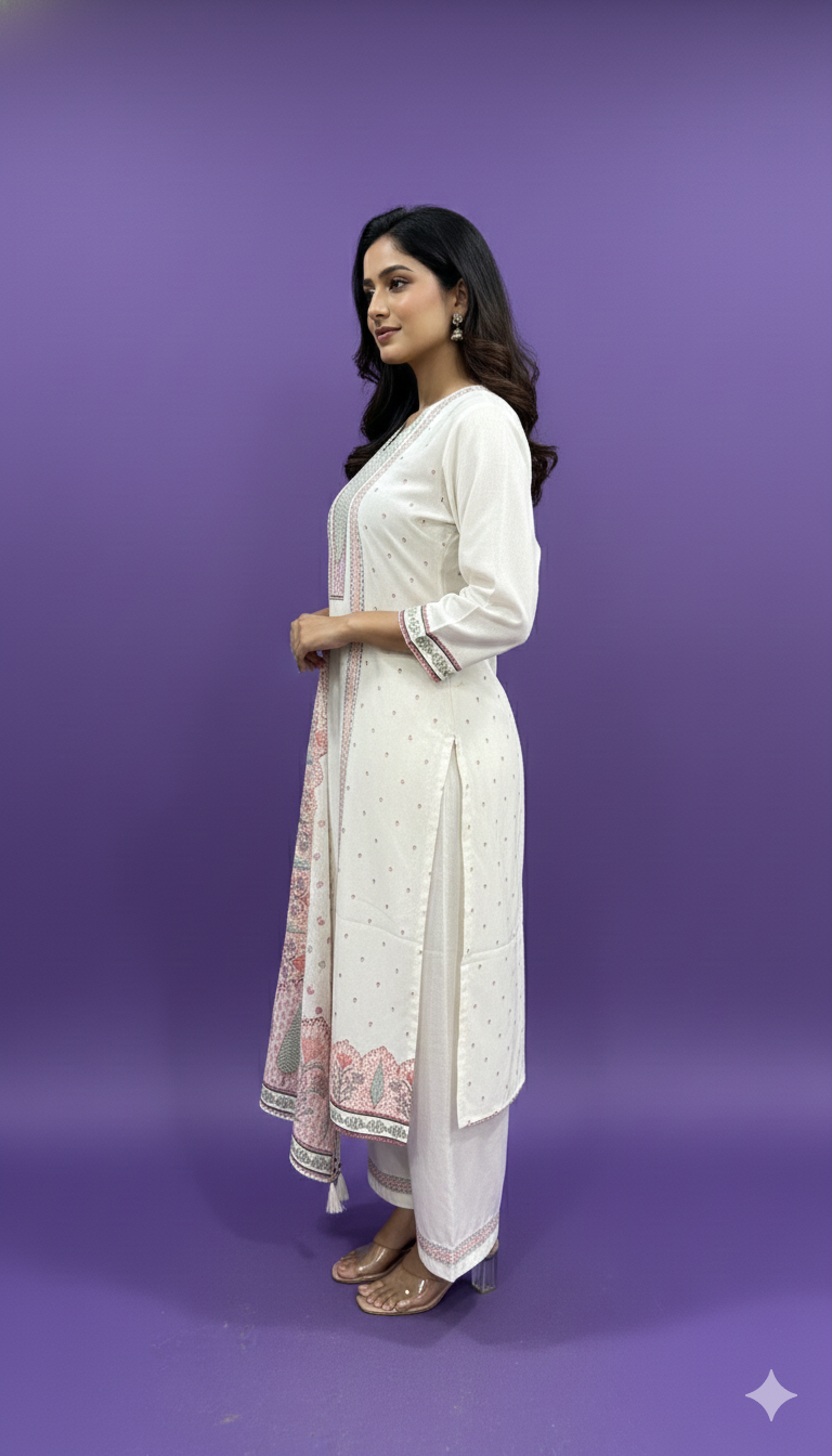 Ivory V Neck Cotton Kurta Set with Dupatta
