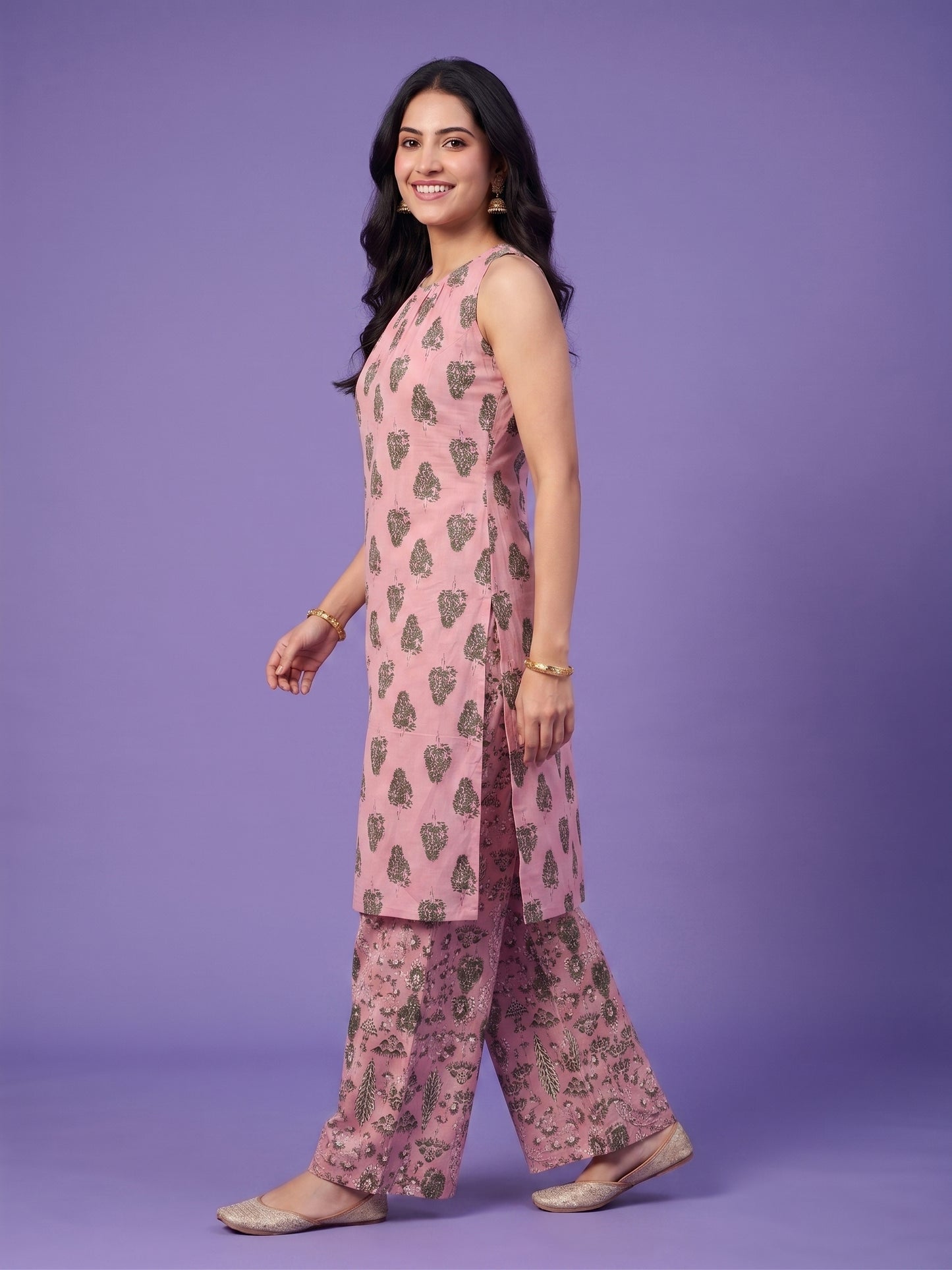 Pink Round Neck Cotton Cord Set