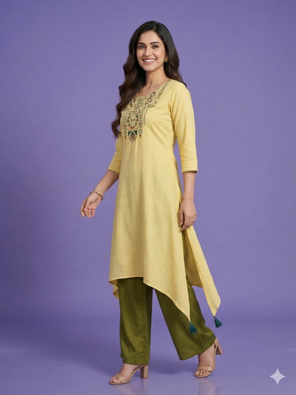 Yellow Round Neck Cotton Kurta
