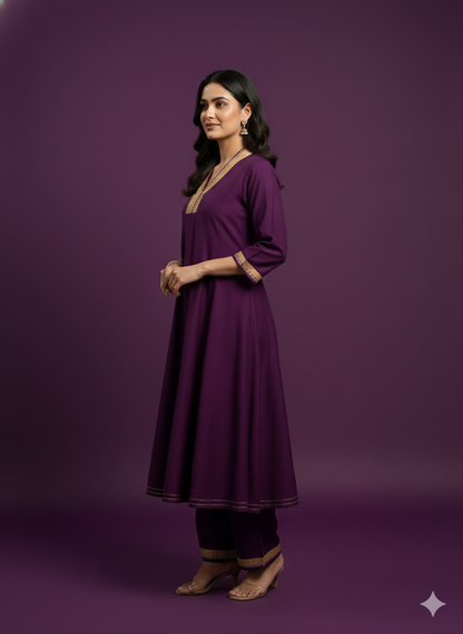 Purple V Neck Silk Kurta Set