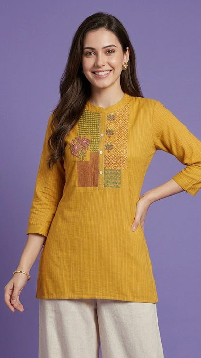 Yellow Mandarin Neck Cotton Short Kurta