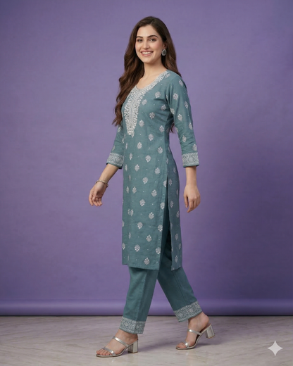 Blue Round Neck Cotton Kurta