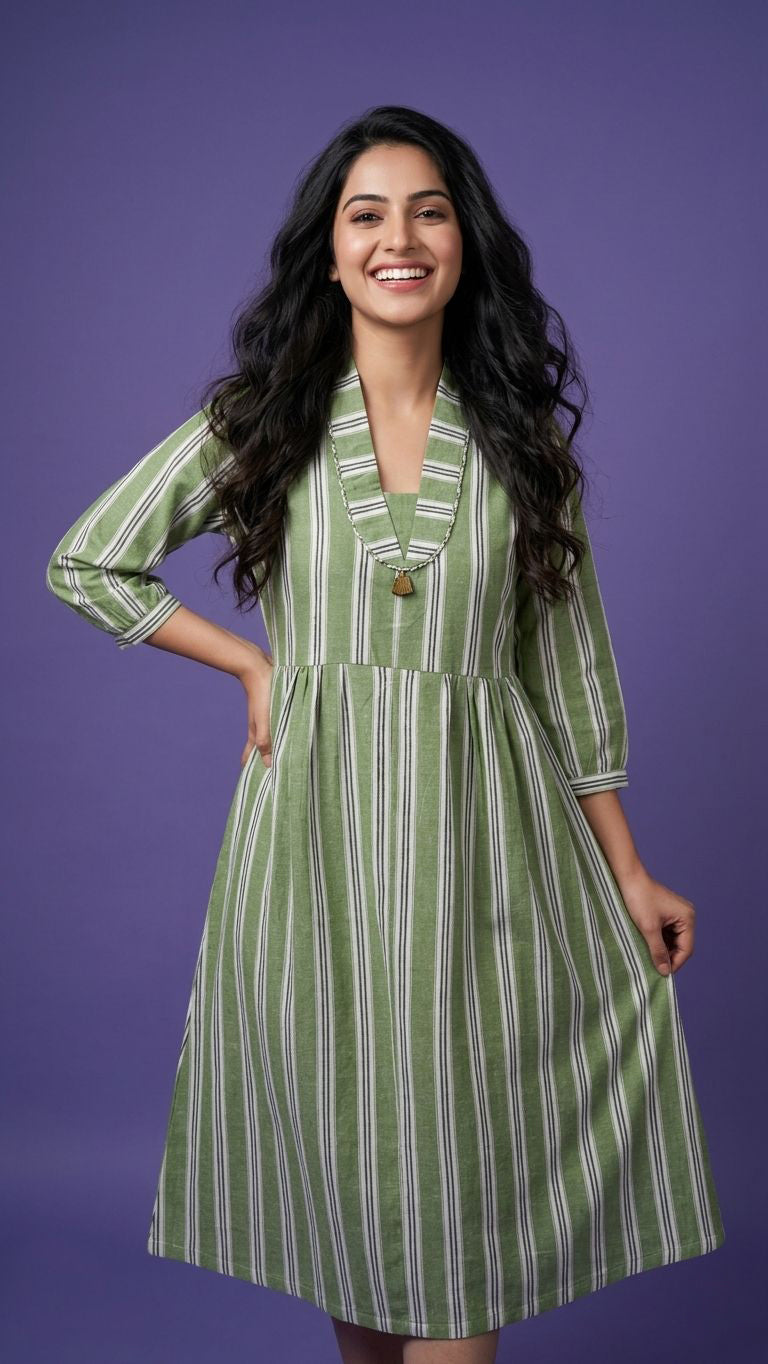 Green Deep V Neck Cotton Striped Kurta