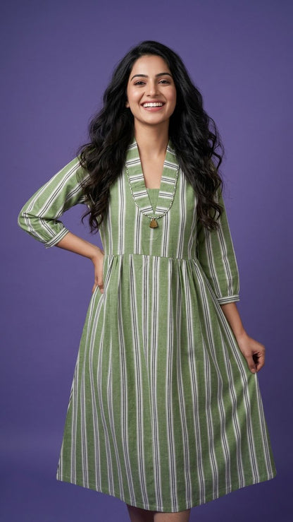 Green Deep V Neck Cotton Striped Kurta