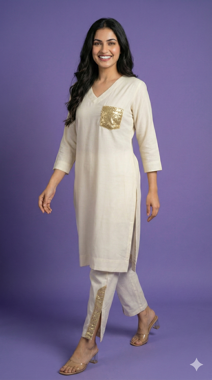 White V Neck Silk Cord Set