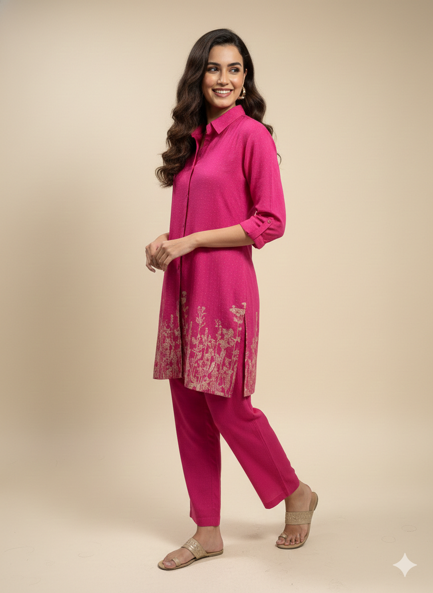 Pink Collard Cotton Short Kurta