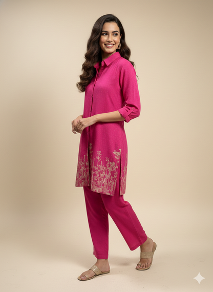Pink Collard Cotton Short Kurta