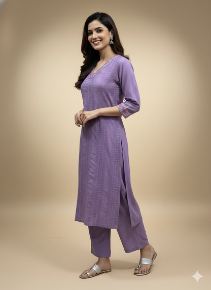 Purple V Neck Cotton Kurta