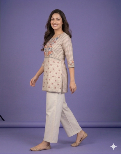 Ivory Round Neck Cotton Short Kurta