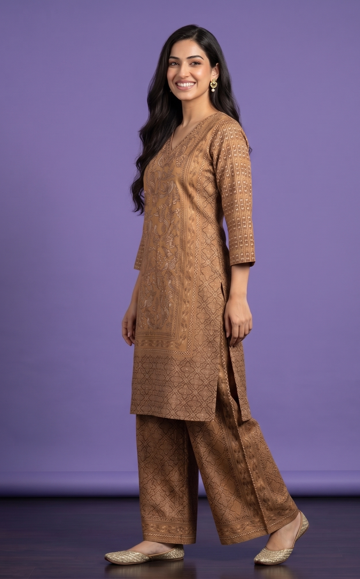 Brown V Neck Cotton Cord Set
