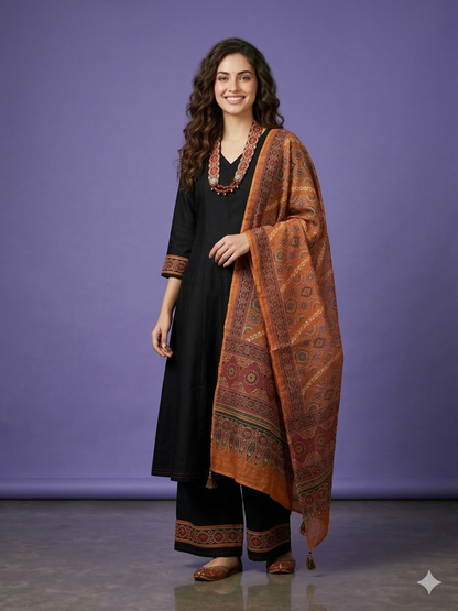 Black V Neck Silk Kurta Set with Dupatta