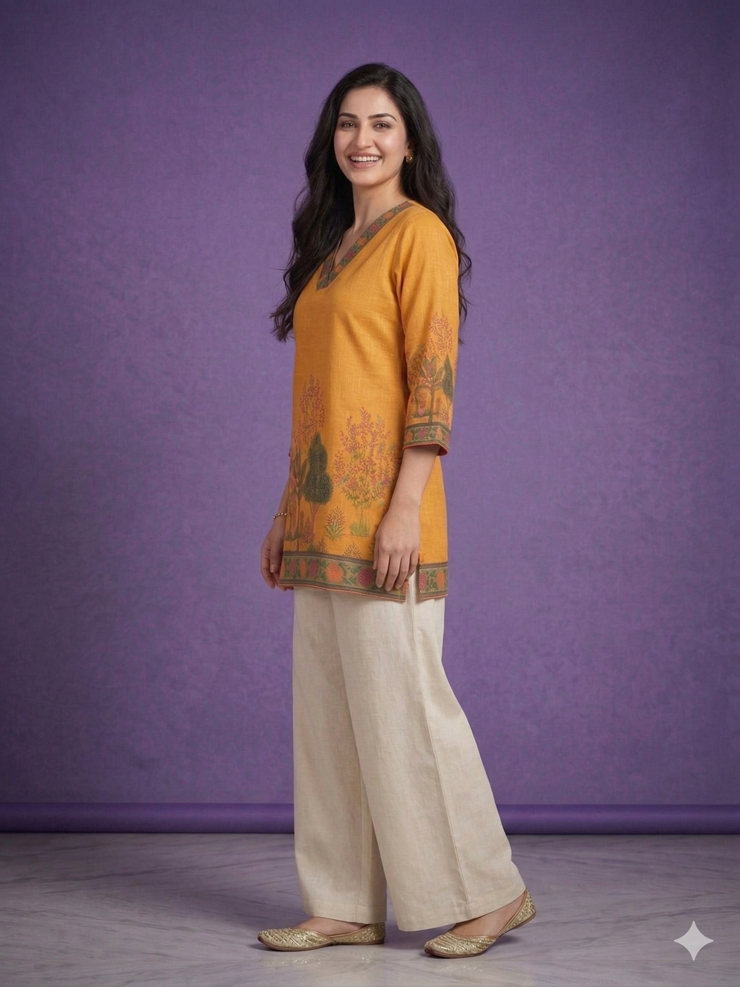 Yellow V Neck Cotton Short Kurta