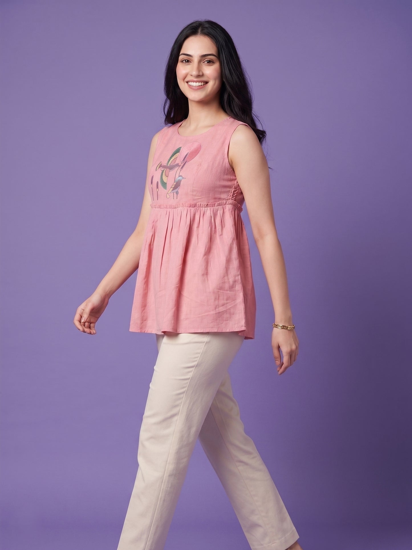 Pink Round Neck Short Kurta