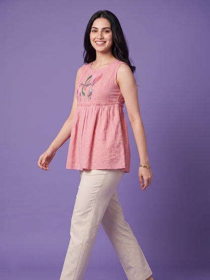 Pink Round Neck Short Kurta