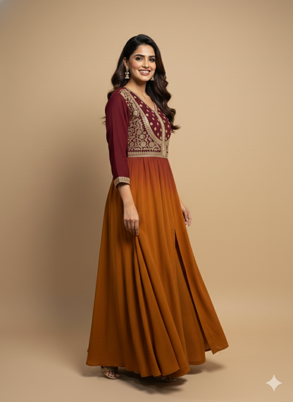 Burgundy V Neck Cotton Kurta Set with Dupatta