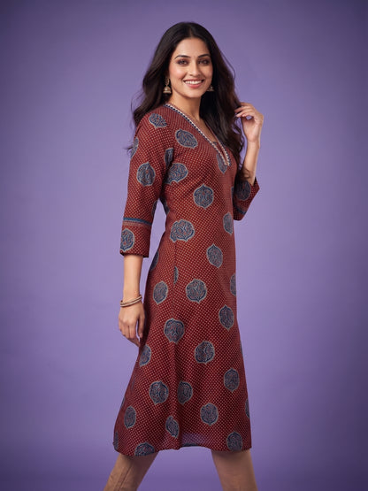 Red V Neck Cotton Kurta