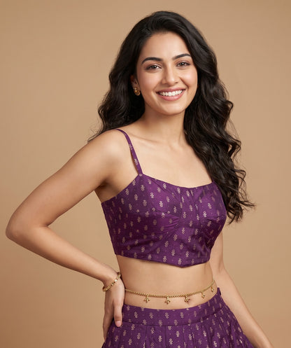 Purple Round Neck Viscose  Spaghetti Crop Top