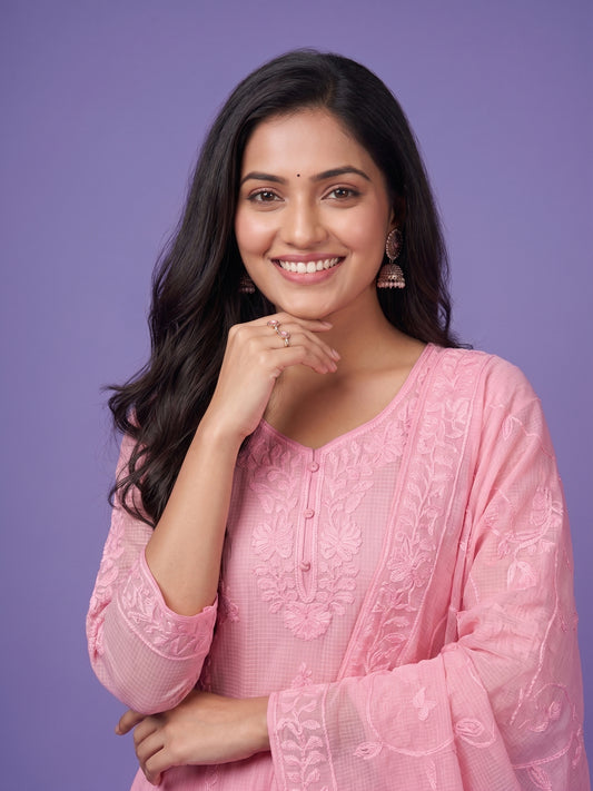 Kota Anarakali Suit Set With Self Doria Embroidery - 100% Cotton