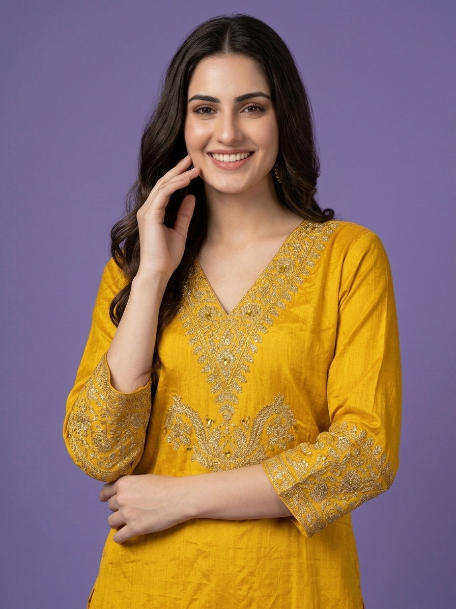 Slub Silk Straight Suit Set with Embroidered Dupatta