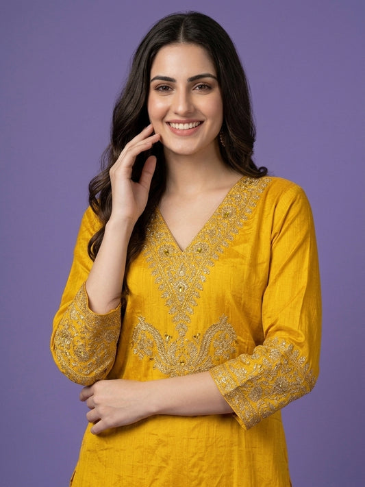 Slub Silk Straight Suit Set with Embroidered Dupatta