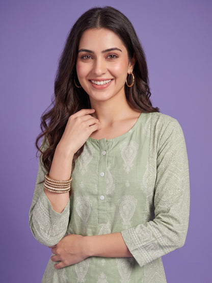 Green Round Neck Reyon Short Kurta