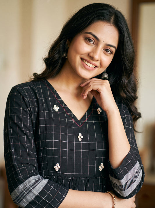 Cotton Black Checkered Printed A-Line Midi Dress