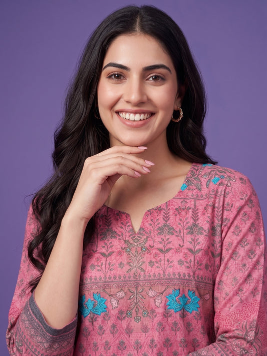 Placement Embroidery Kurta Set with Palazzo - Cotton