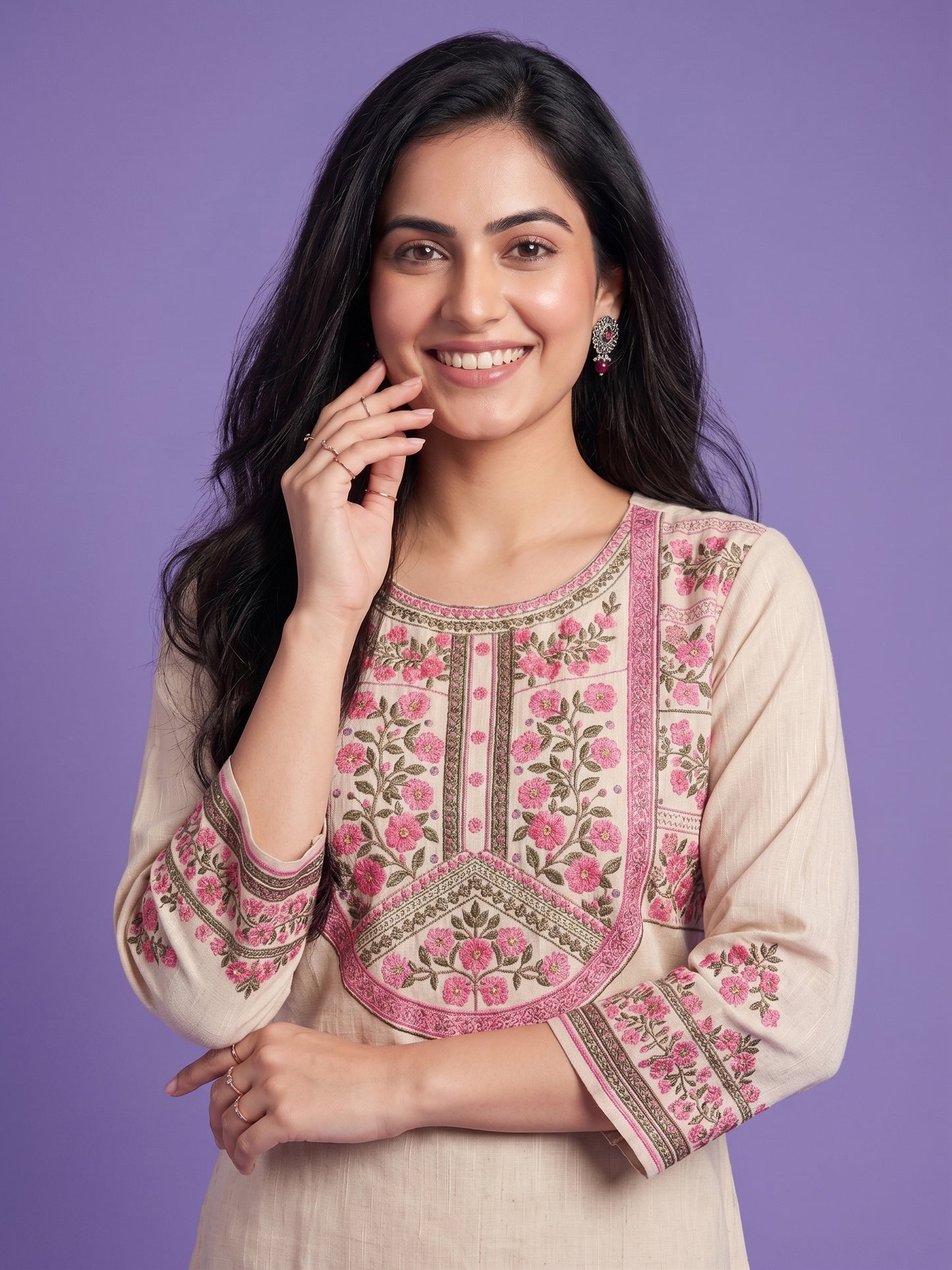 Ivory Round Neck Cotton Short Kurta
