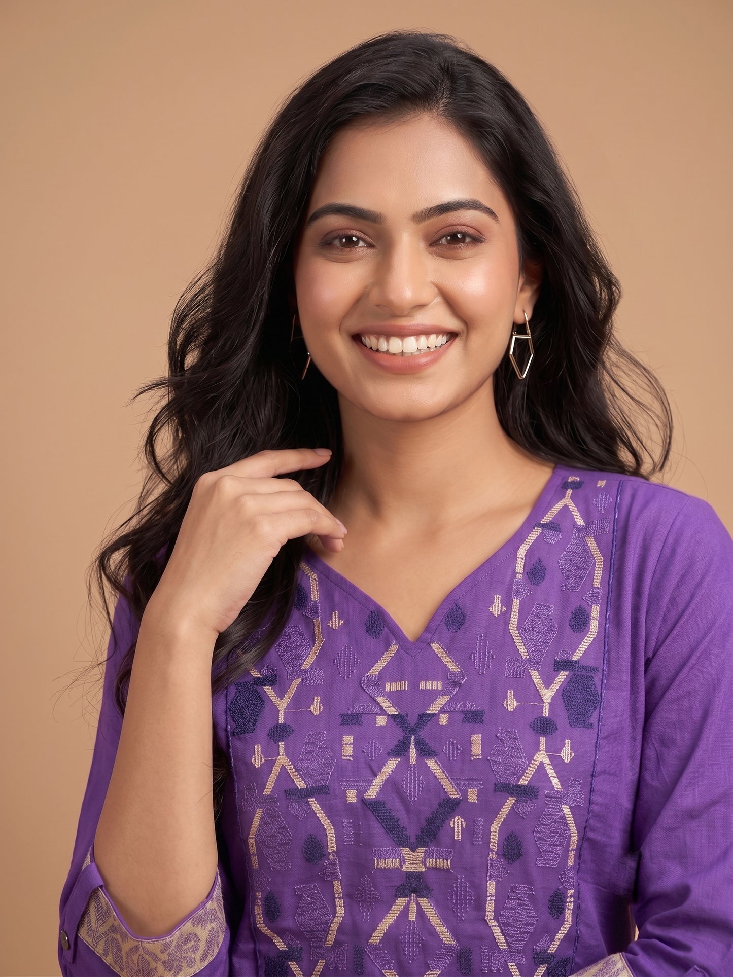 Lavender Round V Neck Cotton Short Kurta