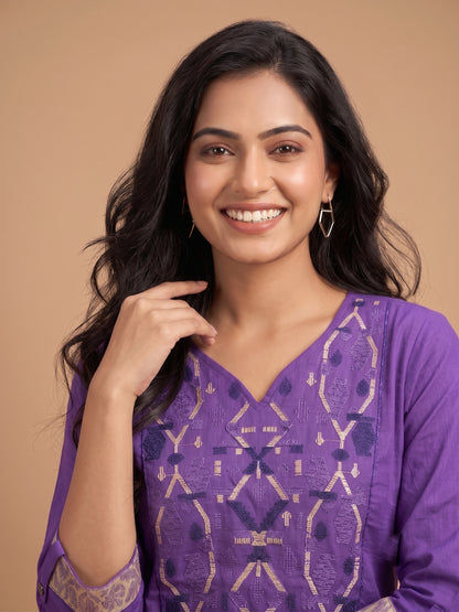 Lavender Round V Neck Cotton Short Kurta