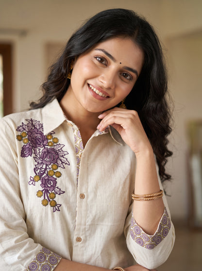 Embroidery Shirt Tunic Set with Printed Palazzo - Cotton Linen