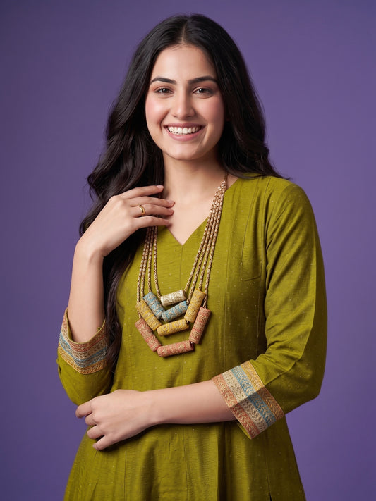 Slub Silk Kali Kurta with Palazzo & Necklace