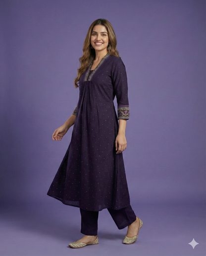 Purple Deep-V Cotton Kurta