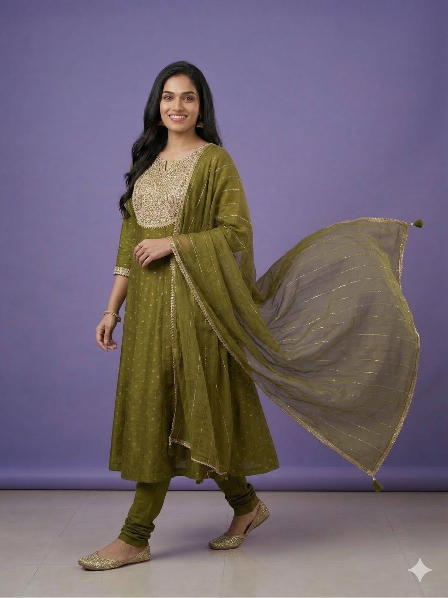 Green Round V Neck Silk Kurta