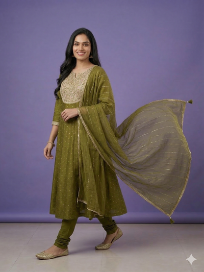 Green Round V Neck Silk Kurta