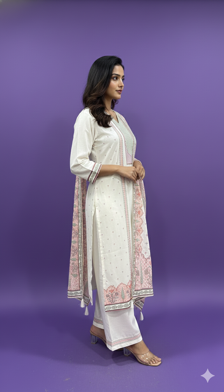 Ivory V Neck Cotton Kurta Set with Dupatta