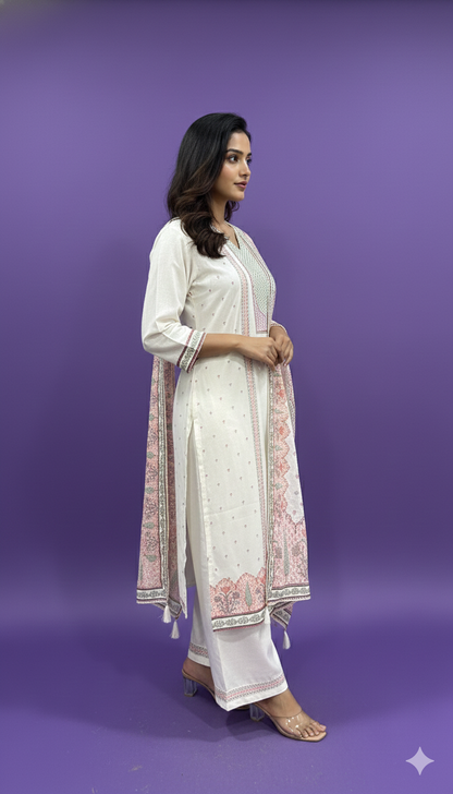 Ivory V Neck Cotton Kurta Set with Dupatta
