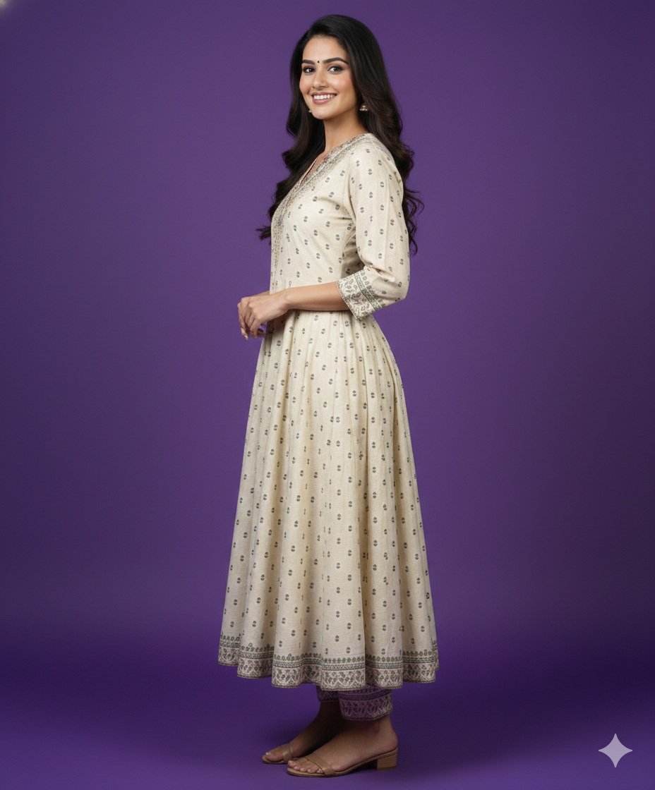 Ivory V Neck Silk Kurta Set with Dupatta