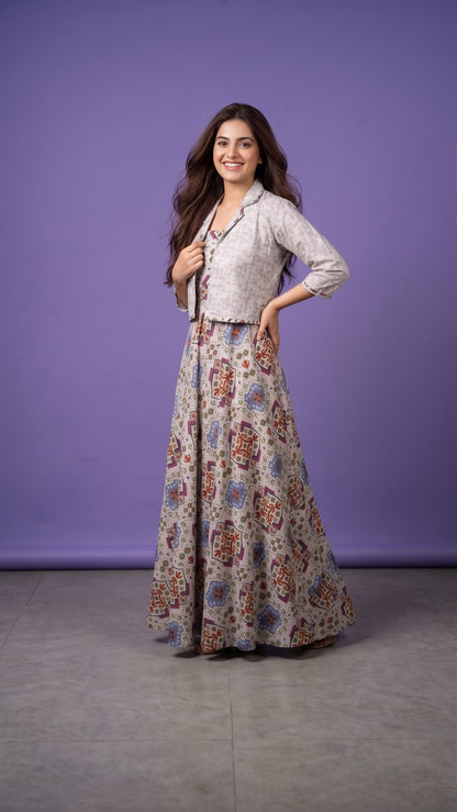 G Pruple Notched Collar Cotton Mulmul Gown With Crop Jacket